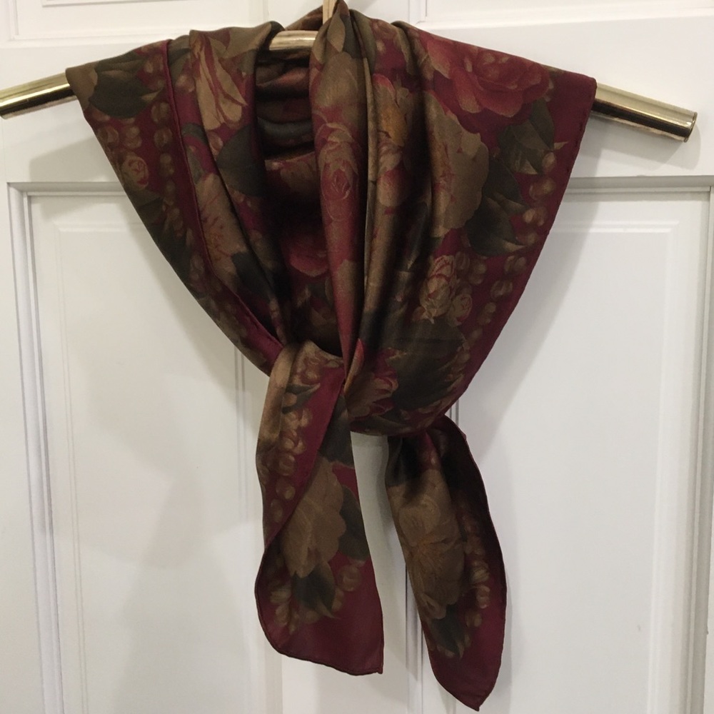Chanel  brown, burgundy, and dark green flowered silk scarf